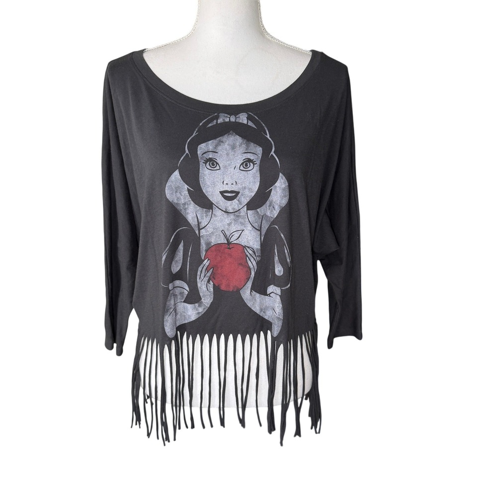 Disney Forever 21 Snow White Fringe Graphic Top Dark Grey 3/4 Sleeve Large EUC